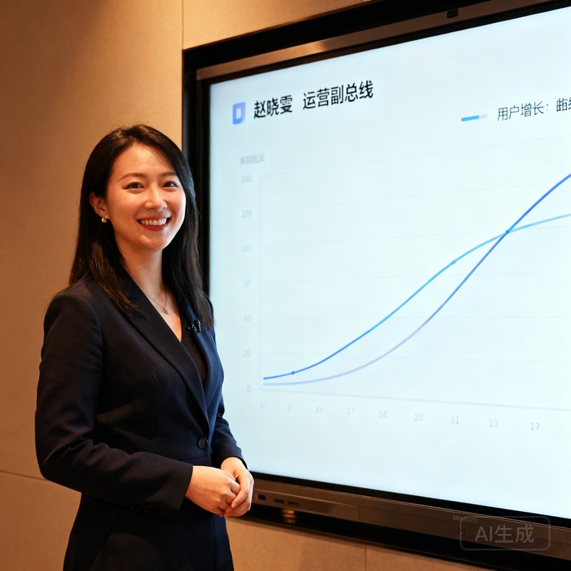 赵晓雯，运营副总裁，面带微笑的女性站在大型屏幕前展示用户增长曲线